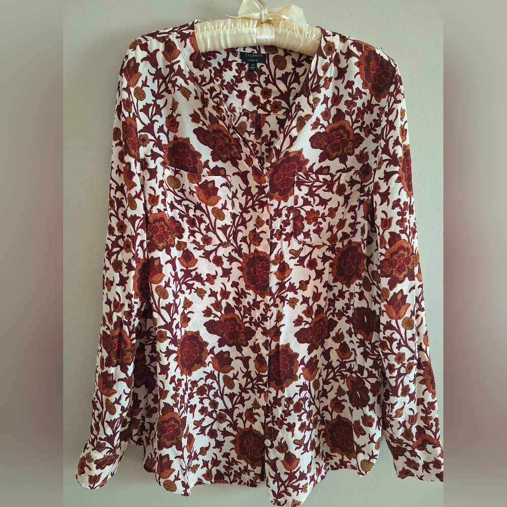 Talbots Women's Blouse - Burgundy Floral on White